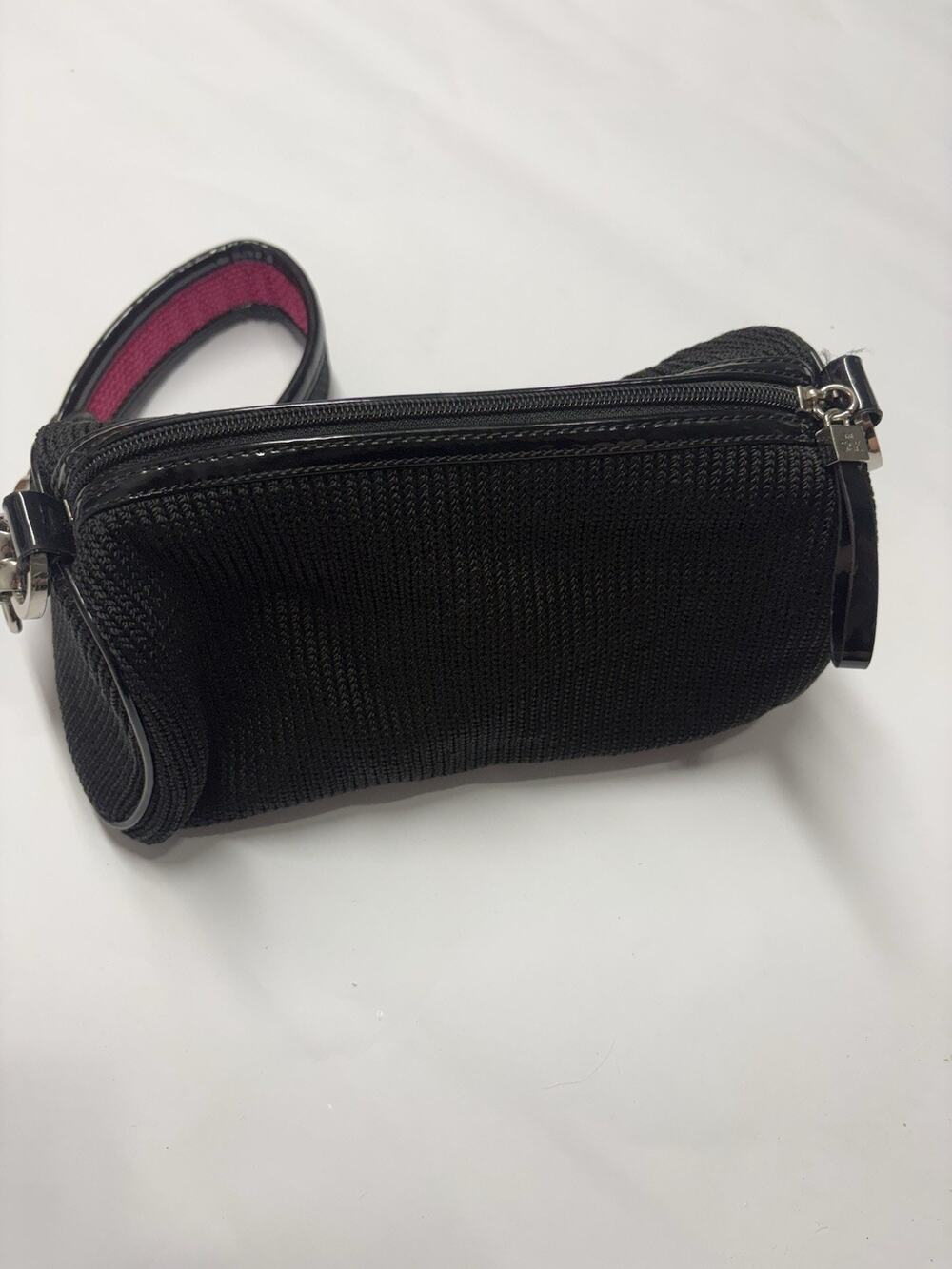 The Sak Black Woven Mini Shoulder Bag Wristlet Zip Top Striped Lining